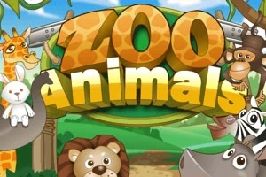 Título Zoo Animals con ilustraciones de animales como jirafa, león, y cebra en un entorno colorido