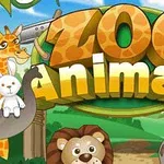Título Zoo Animals con ilustraciones de animales como jirafa, león, y cebra en un entorno colorido